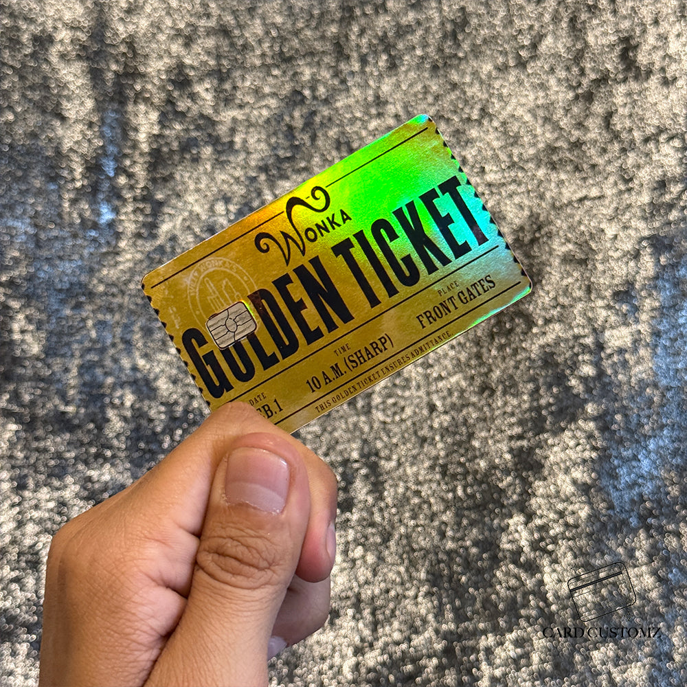 WONKA TICKET DORADO STICKER DE VINIL HOLOGRÁFICO PARA TARJETAS
