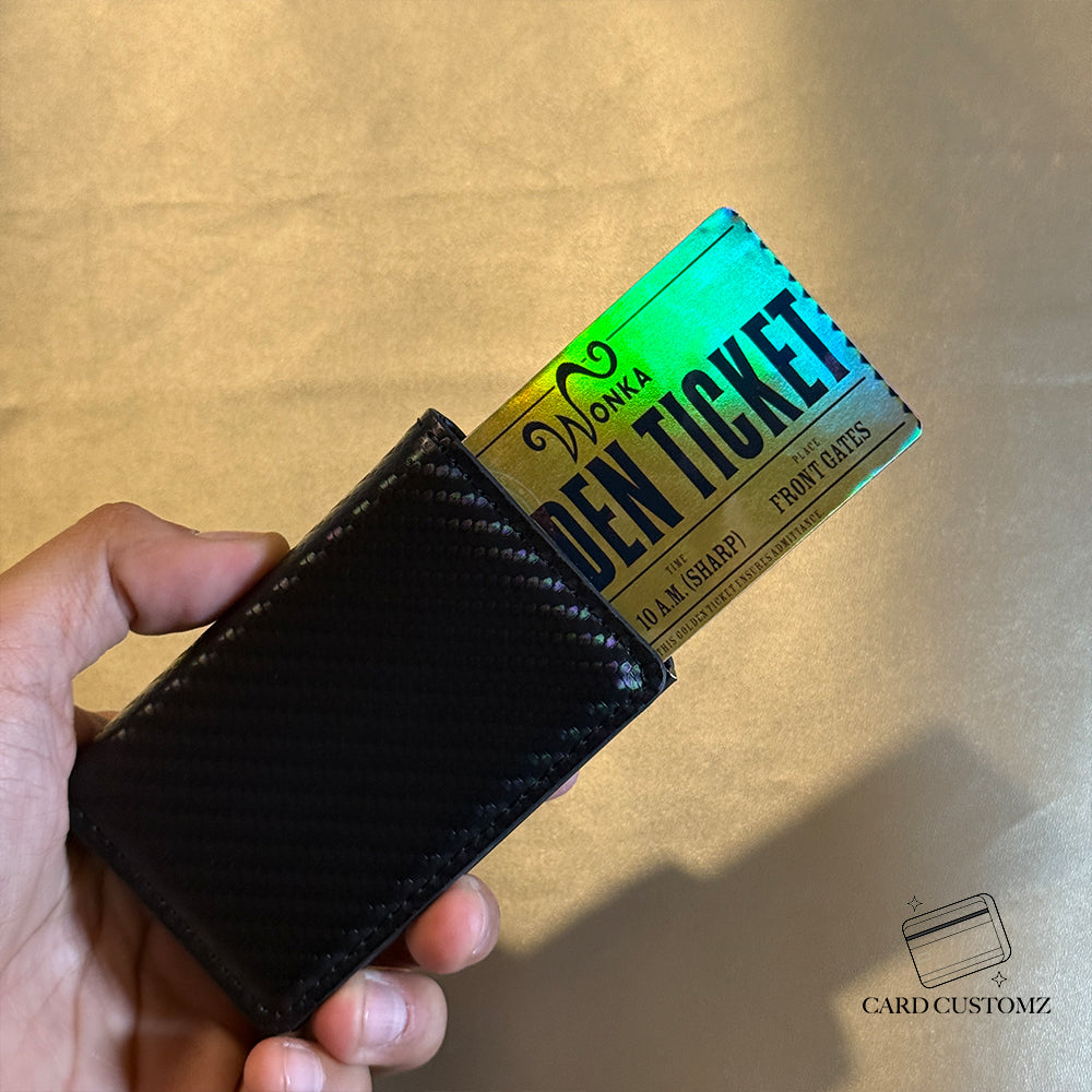 WONKA TICKET DORADO STICKER DE VINIL HOLOGRÁFICO PARA TARJETAS
