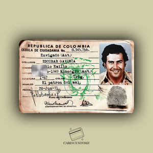PABLO ESCOBAR IDENTIFICACIÓN STICKER DE VINIL HOLOGRÁFICO PARA TARJETAS