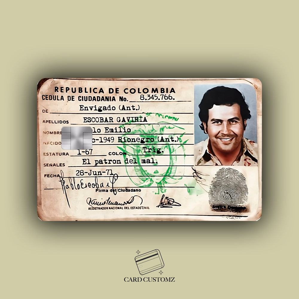 PABLO ESCOBAR IDENTIFICACIÓN STICKER DE VINIL HOLOGRÁFICO PARA TARJETAS