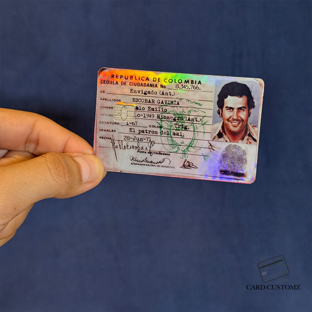 PABLO ESCOBAR IDENTIFICACIÓN STICKER DE VINIL HOLOGRÁFICO PARA TARJETAS