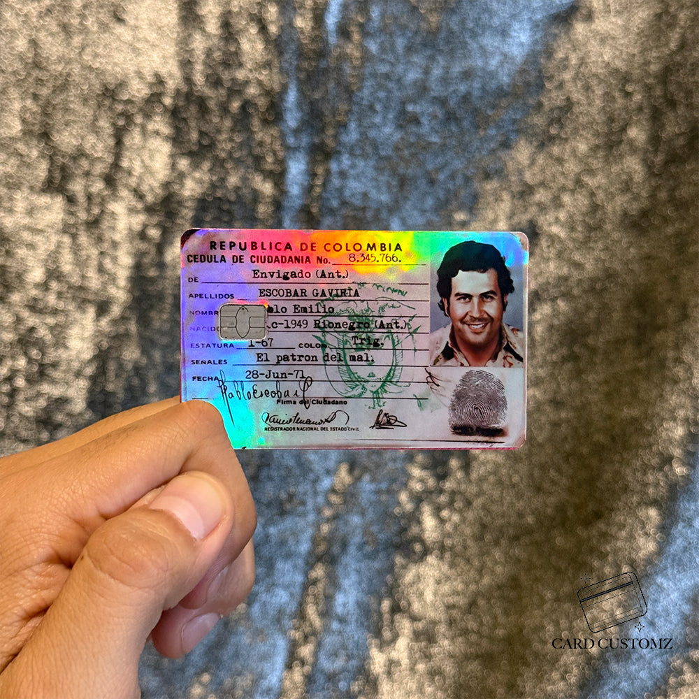 PABLO ESCOBAR IDENTIFICACIÓN STICKER DE VINIL HOLOGRÁFICO PARA TARJETAS